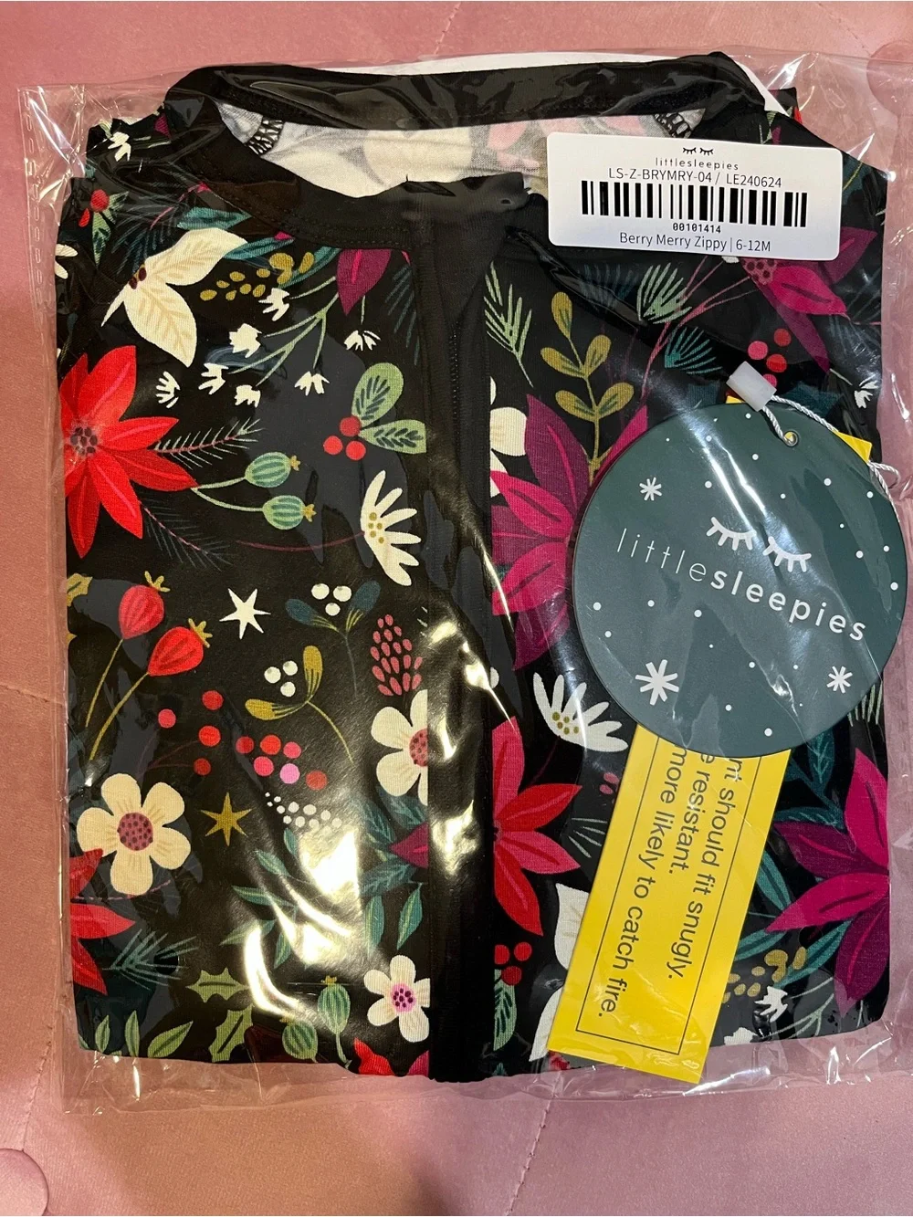 Little Sleepies Berry Merry Bamboo Zippy- Black with Red & Pink Floral 6-12m